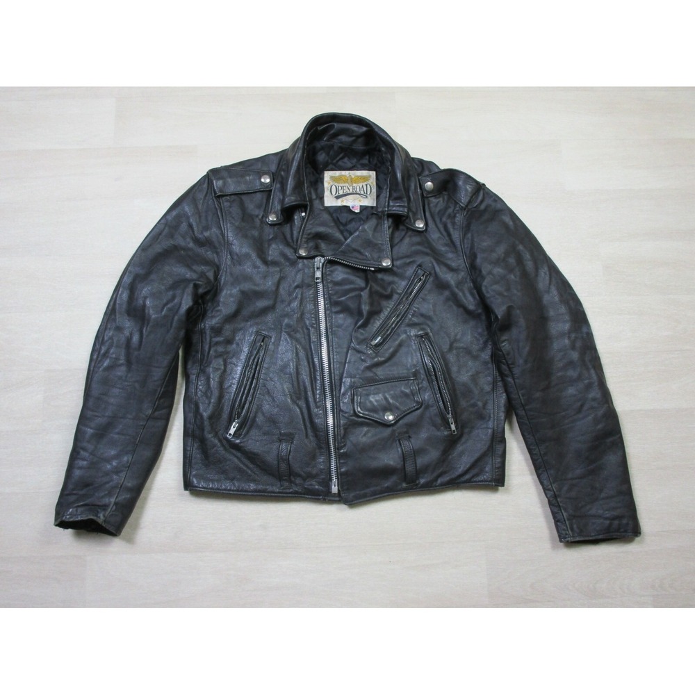 Vintage Open Road Motorcycle Jacket Black Leather Size 42 USA Hand Tooled‎ Patch